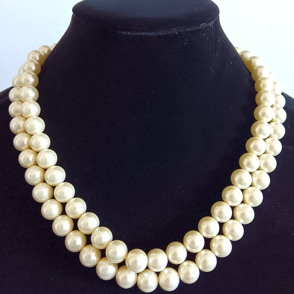 Vintage Signed SCAASI Double Strand Pearl/Blue Swarovski Crystal Gold Tone Clasp - Picture 2 of 4